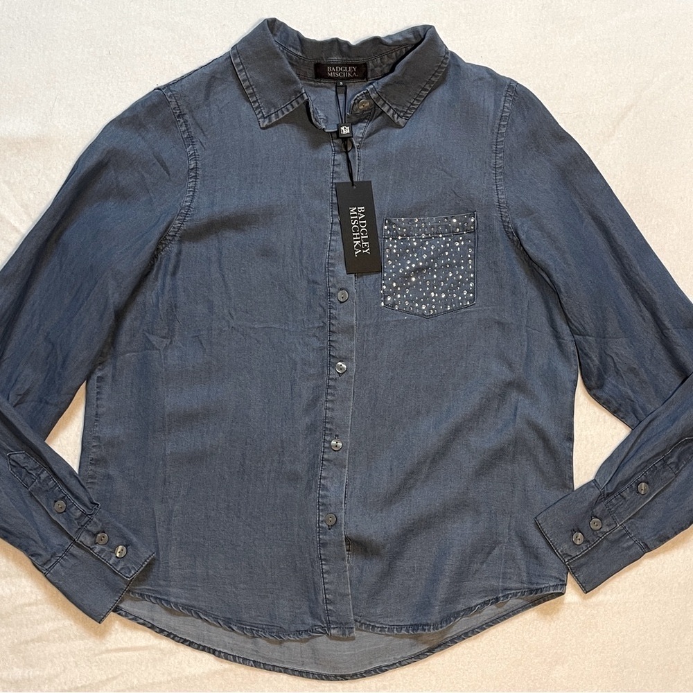 NWT Badgley Mischka Denim Shirt with Rhinestone Pocket | Size S